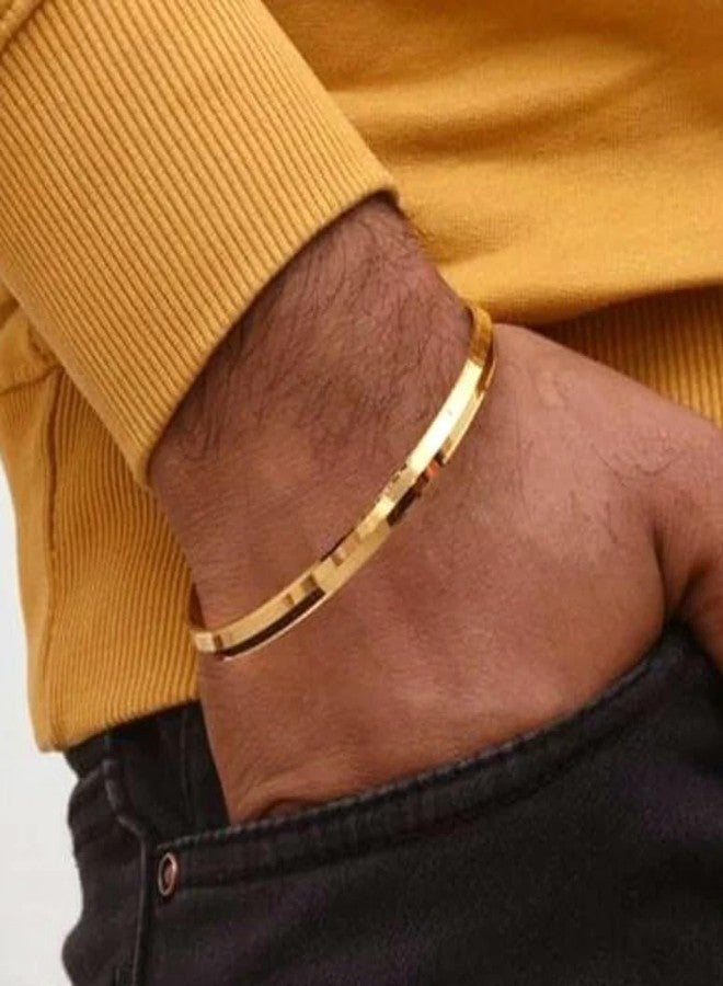 De-Autocare Gold Plated Stainless Steel Plain Hand Cuff Wrist Sharp Line Punjabi Sikh Men Kada Bangle Bracelet (2-8) (2-12) - Image 4