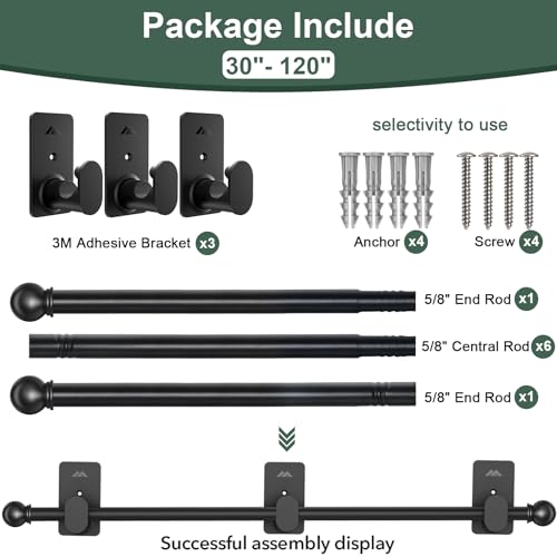 ZNONOX Curtain Rods No Drilling for Windows 30 to 120 Inches,5/8 Inch Diameter No Drill Curtain Rod Set with 3M Adhesive Brackets, Black - Image 5