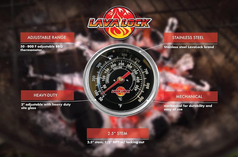 LavaLock Black Face BBQ Grill Thermometer 50F-900F High Temp Range Heavy Duty Premium Quality Smoker Thermo 2 Inch or 3" 1/2 NPT Thread - Image 2