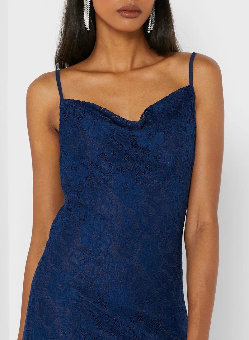 skirt and stiletto Cowl Neck Lace Trim Strappy Dress