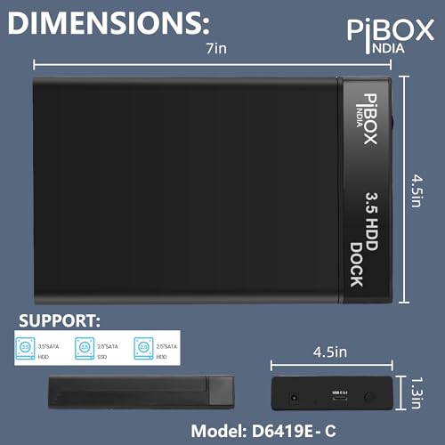 pibox India Hard Drive Enclosure Type C, PiBOX India USB 3.1 External Hard Drive Docking Station for 3.5/2.5 Inch SATA Hard Drives/SSD with 16 TB+, Tool-Free HDD Enclosure 12V/2A Power Supply UASP Acceleration - Image 5