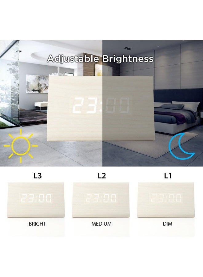 OCT17 Wooden Wood Clock, New Version LED Alarm Digital Desk Clock Adjustable Brightness, Alarm Time, Displays Time Date Temperature - White - Image 2