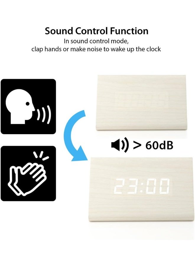 OCT17 Wooden Wood Clock, New Version LED Alarm Digital Desk Clock Adjustable Brightness, Alarm Time, Displays Time Date Temperature - White - Image 3
