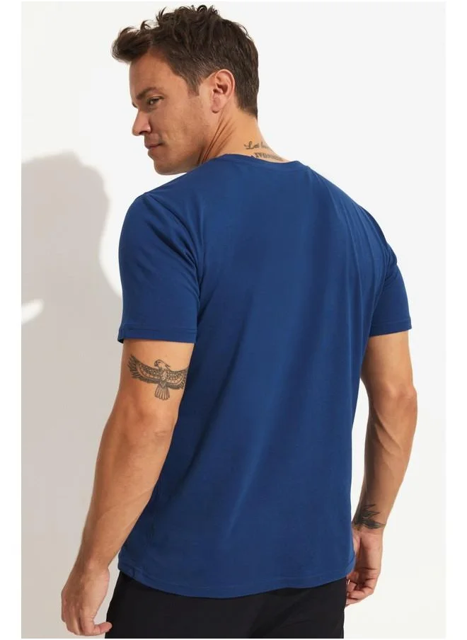 JUNE June Men Regular Fit 100% Cotton Printed Crew Neck Tshirt Indigo