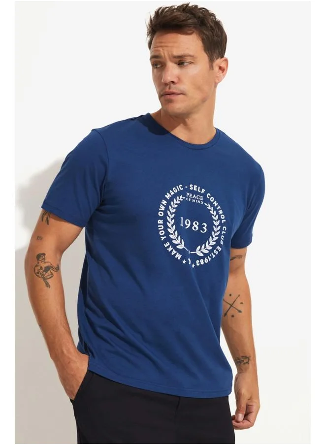 JUNE June Men Regular Fit 100% Cotton Printed Crew Neck Tshirt Indigo