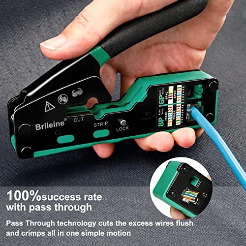 Brileine RJ45 Crimp Tool Pass Through Kit Ethernet Crimper Cat5 Cat5e Cat6 Crimping Tool for RJ11/12 6P/8P with Network Lan Cable Tester, 50PCS CAT6 Connectors, 50PCS Boots, Mini Cable Stripper - Image 4