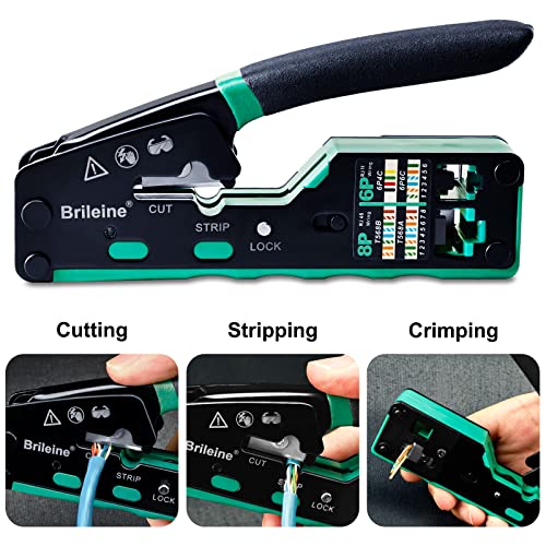 Brileine RJ45 Crimp Tool Pass Through Kit Ethernet Crimper Cat5 Cat5e Cat6 Crimping Tool for RJ11/12 6P/8P with Network Lan Cable Tester, 50PCS CAT6 Connectors, 50PCS Boots, Mini Cable Stripper - Image 2