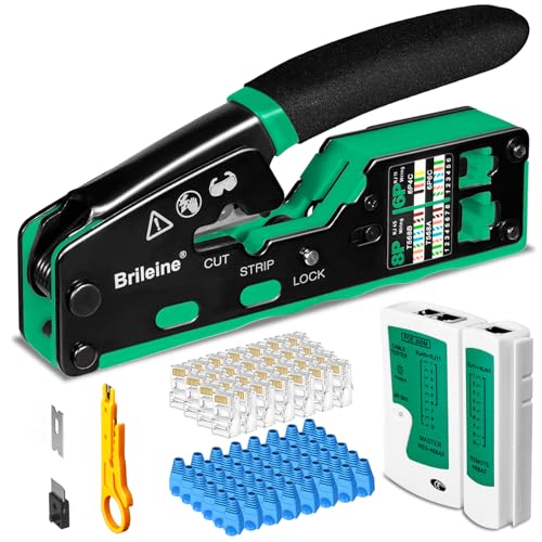 Brileine RJ45 Crimp Tool Pass Through Kit Ethernet Crimper Cat5 Cat5e Cat6 Crimping Tool for RJ11/12 6P/8P with Network Lan Cable Tester, 50PCS CAT6 Connectors, 50PCS Boots, Mini Cable Stripper - Image 1