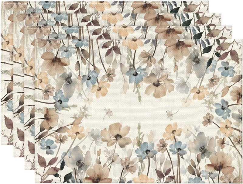 Artoid Mode Brown Poppy Flowers Floral Blossom Summer Placemats Set of 412x18 Inch Seasonal Fall Table Mats for Party Kitchen Dining Decoration - Image 1