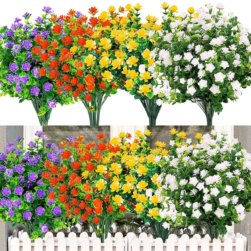 LOMOHOO 12 Bundles Artificial Flowers4 Color Fake Flowers in BulkArtificial Plants Outdoor UV Resistant Plastic Shrubs for Home Garden Window Wedding Decor