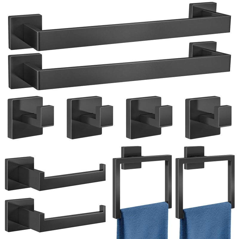 Gypie Bathroom Accessories Set 10-Piece Stainless Steel Modern Wall Mount Towel Racks for Bathroom 16In, Matte Black - Image 1