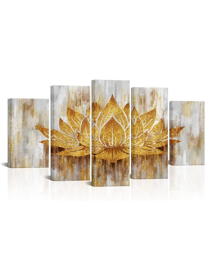 Home Trove 5 Piece Lotus Flower Wall Art Abstract Golden Floral Painting Canvas Prints Zen Artwork For Home Office Living Room Gold Decor Gallery Wrap Ready To Hang (Large)  - Image 1