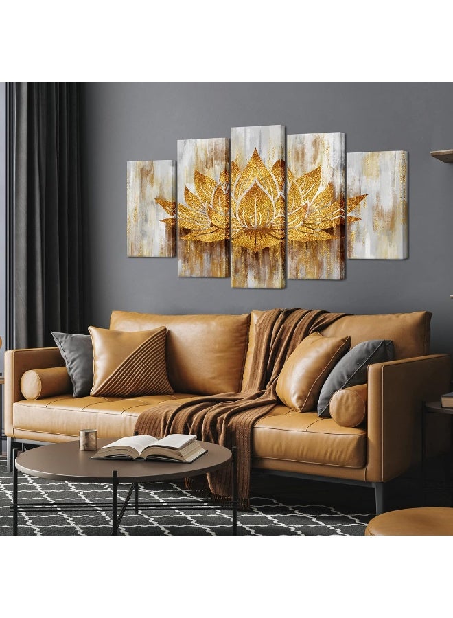 Home Trove 5 Piece Lotus Flower Wall Art Abstract Golden Floral Painting Canvas Prints Zen Artwork For Home Office Living Room Gold Decor Gallery Wrap Ready To Hang (Large)  - Image 3