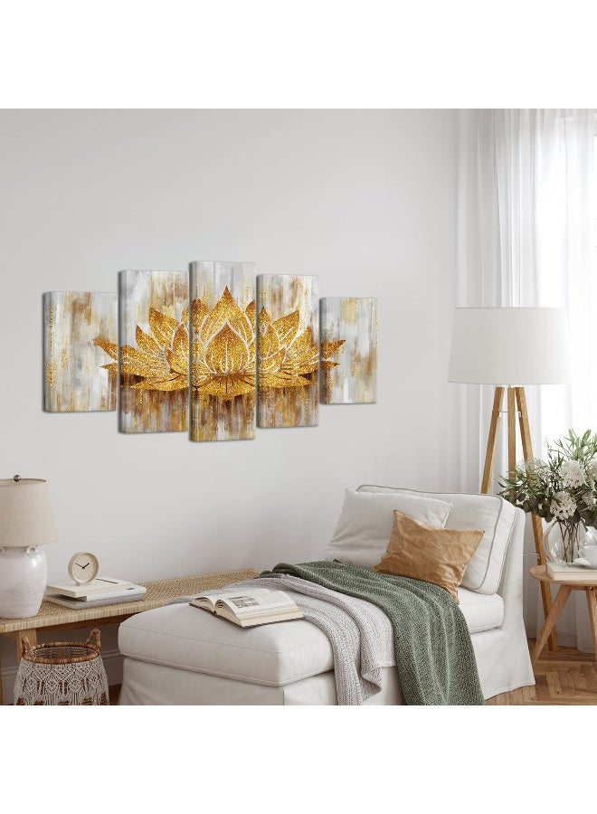 Home Trove 5 Piece Lotus Flower Wall Art Abstract Golden Floral Painting Canvas Prints Zen Artwork For Home Office Living Room Gold Decor Gallery Wrap Ready To Hang (Large)  - Image 5