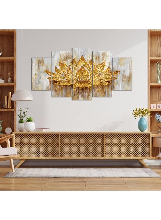 Home Trove 5 Piece Lotus Flower Wall Art Abstract Golden Floral Painting Canvas Prints Zen Artwork For Home Office Living Room Gold Decor Gallery Wrap Ready To Hang (Large)  - Image 2