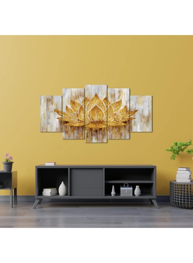 Home Trove 5 Piece Lotus Flower Wall Art Abstract Golden Floral Painting Canvas Prints Zen Artwork For Home Office Living Room Gold Decor Gallery Wrap Ready To Hang (Large)  - Image 4