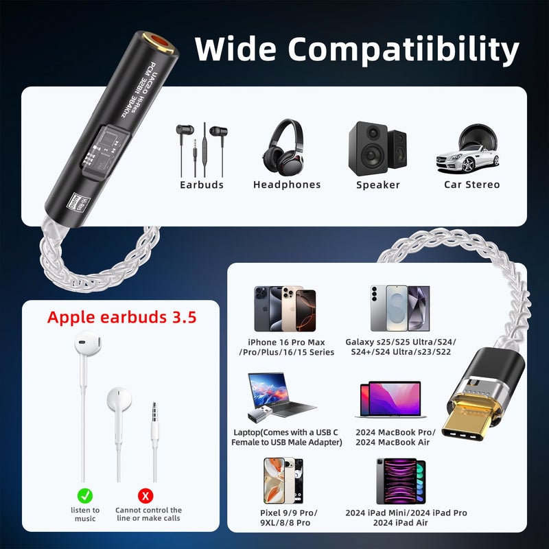 BZINK USB C to 3.5mm Audio Adapter with Dual Chip CX31993 MAX97220 DAC & HiFi Amplifier, 8-Strand 4N Single Crystal Silver-Plated Copper Cable,USBC to Headphones Aux Dongle for Android iPhone PC Mac (Black) - Image 5
