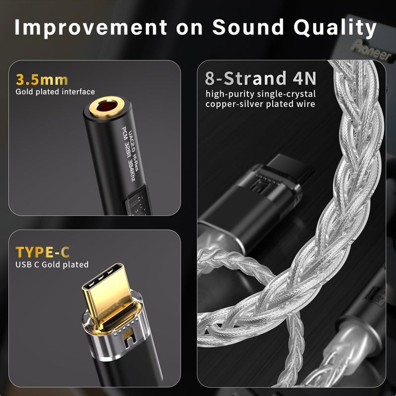 BZINK USB C to 3.5mm Audio Adapter with Dual Chip CX31993 MAX97220 DAC & HiFi Amplifier, 8-Strand 4N Single Crystal Silver-Plated Copper Cable,USBC to Headphones Aux Dongle for Android iPhone PC Mac (Black) - Image 4