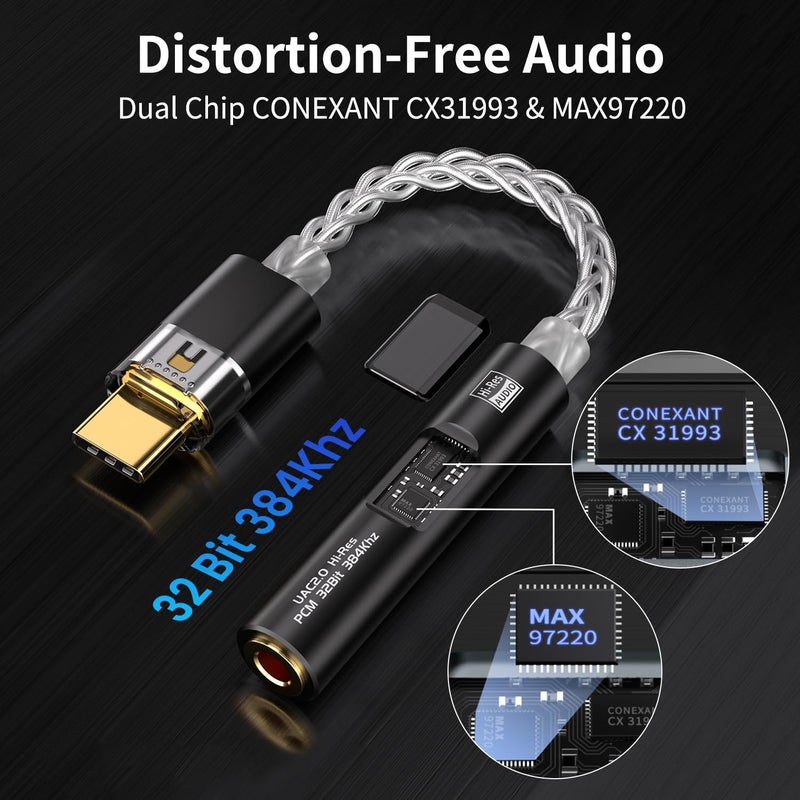 BZINK USB C to 3.5mm Audio Adapter with Dual Chip CX31993 MAX97220 DAC & HiFi Amplifier, 8-Strand 4N Single Crystal Silver-Plated Copper Cable,USBC to Headphones Aux Dongle for Android iPhone PC Mac (Black) - Image 2