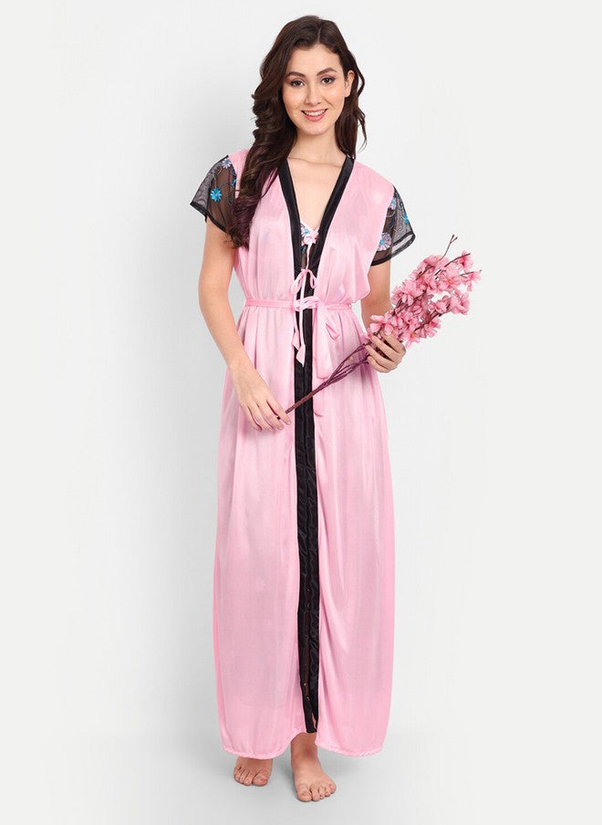 FIMS فستان نوم ماكسي ساتان مزين بالزهور مع روب وشفاف داخلي - Image 5