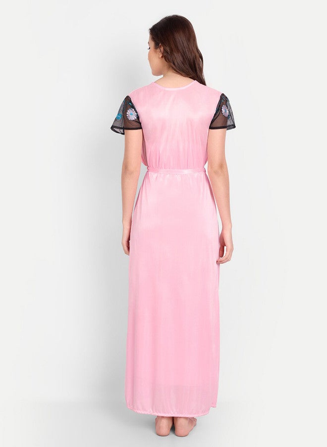 FIMS فستان نوم ماكسي ساتان مزين بالزهور مع روب وشفاف داخلي - Image 4