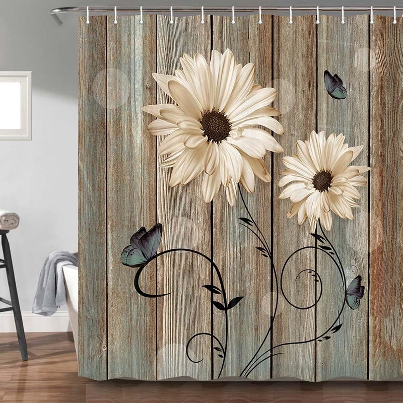 Bzhilja Rustic Floral Shower Curtain for Bathroom, Elegant Daisy Flower Butterflies Bath Curtains, Farmhouse Barn Wood Vintage Fabric Shower Curtain Sets with Hooks, 69x70 Inches - Image 3