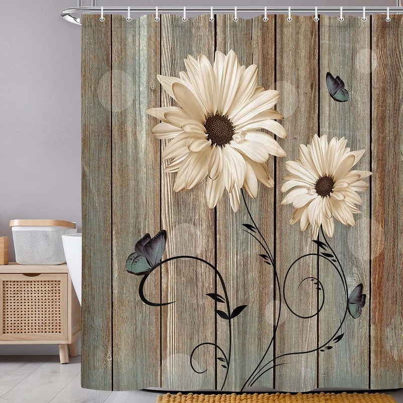 Bzhilja Rustic Floral Shower Curtain for Bathroom, Elegant Daisy Flower Butterflies Bath Curtains, Farmhouse Barn Wood Vintage Fabric Shower Curtain Sets with Hooks, 69x70 Inches - Image 2