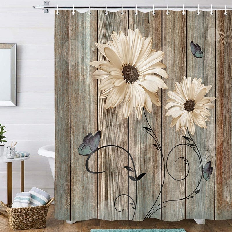 Bzhilja Rustic Floral Shower Curtain for Bathroom, Elegant Daisy Flower Butterflies Bath Curtains, Farmhouse Barn Wood Vintage Fabric Shower Curtain Sets with Hooks, 69x70 Inches - Image 5
