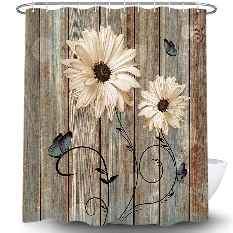 Bzhilja Rustic Floral Shower Curtain for Bathroom, Elegant Daisy Flower Butterflies Bath Curtains, Farmhouse Barn Wood Vintage Fabric Shower Curtain Sets with Hooks, 69x70 Inches - Image 4