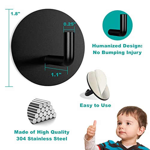 BARONAGE Adhesive Hooks, Heavy Duty Stick on Wall Hooks Robe Towel Hook for Bathroom, Round Self-Adhesive Hook for Hanging Towels Clothes Waterproof Stainless Steel, Black 2 Packs - Image 2