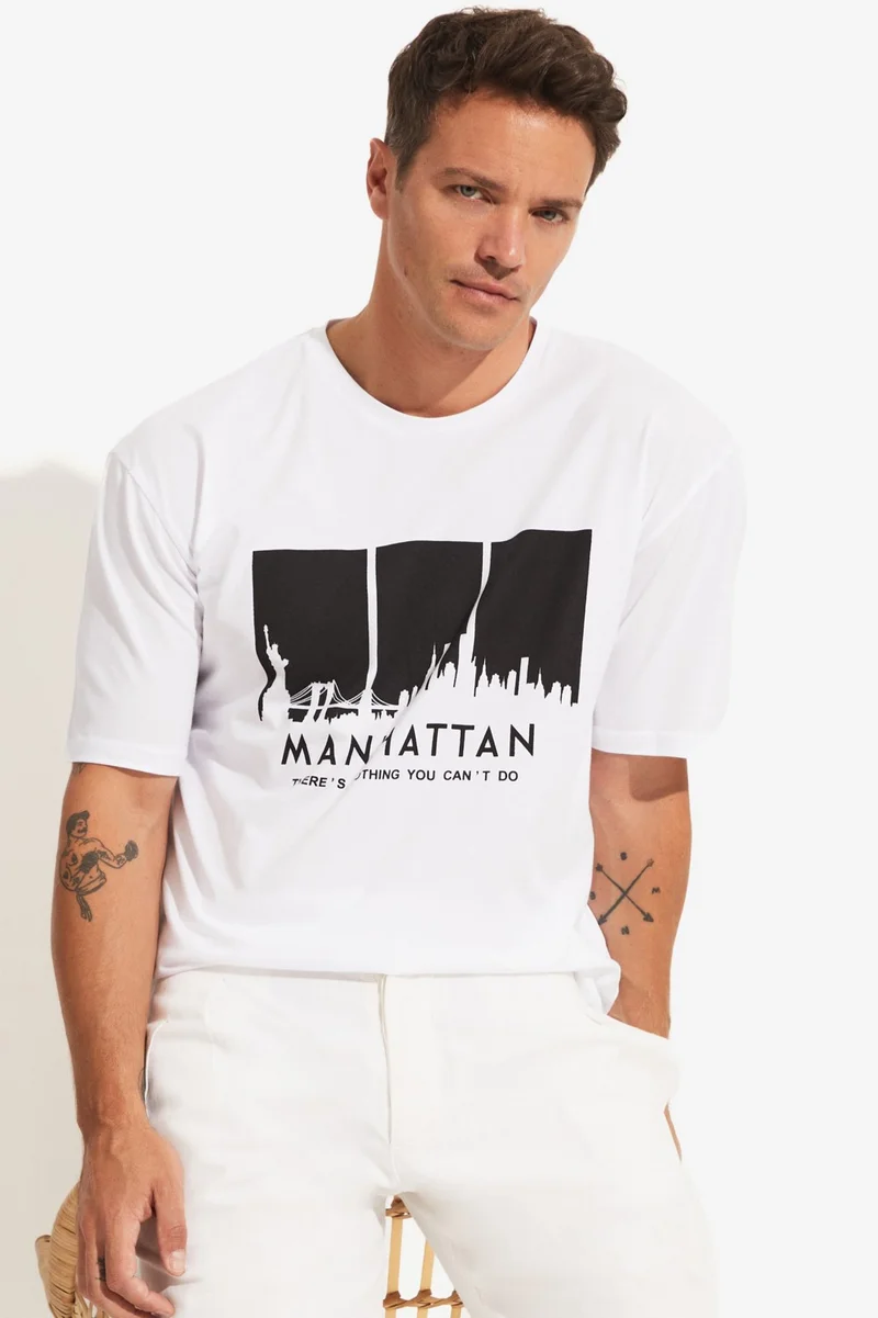 جون Men's Oversize 100% Cotton Printed Crew Neck T-Shirt