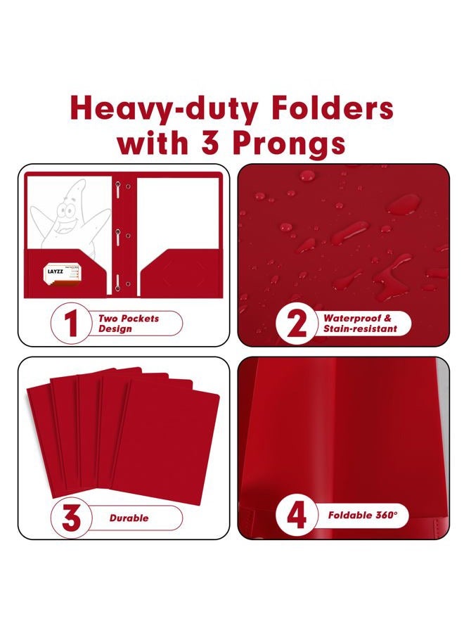 LAYZZ Plastic 2 Pocket Folders with Prongs, 30 Pack, Heavyweight, Letter Size Poly Folders with 3 Metal Prongs Fastener Clips (Red) - Image 5
