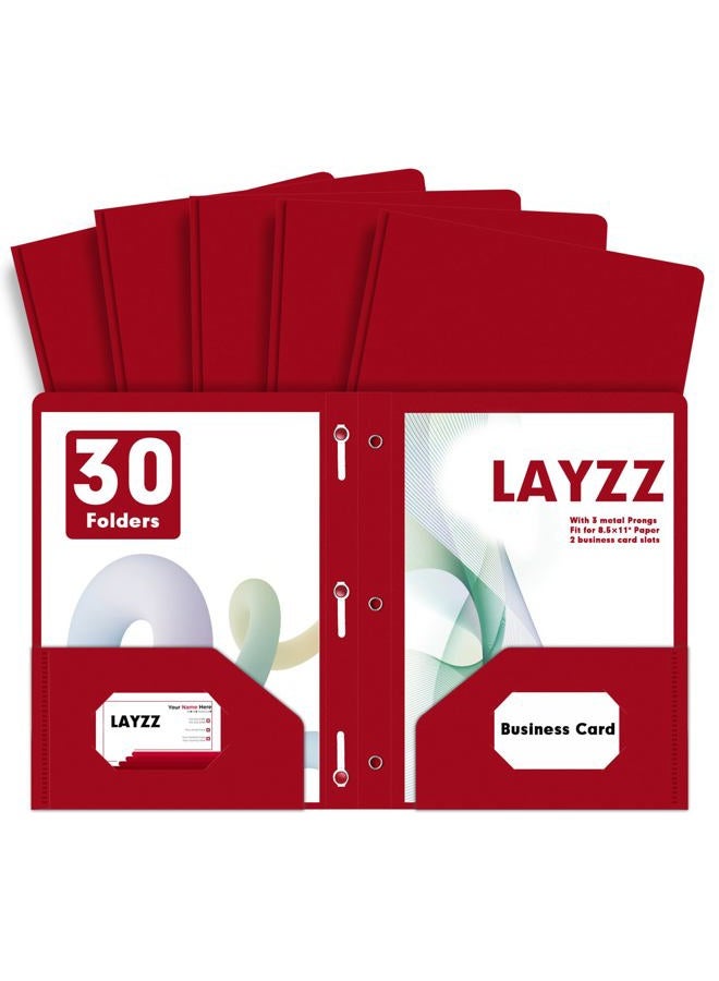 LAYZZ Plastic 2 Pocket Folders with Prongs, 30 Pack, Heavyweight, Letter Size Poly Folders with 3 Metal Prongs Fastener Clips (Red) - Image 1