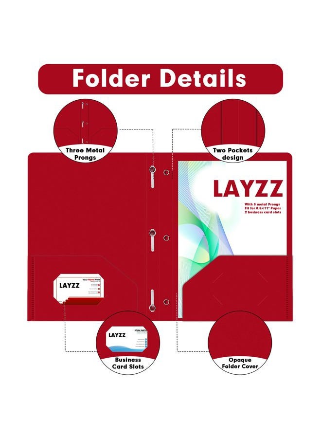 LAYZZ Plastic 2 Pocket Folders with Prongs, 30 Pack, Heavyweight, Letter Size Poly Folders with 3 Metal Prongs Fastener Clips (Red) - Image 3