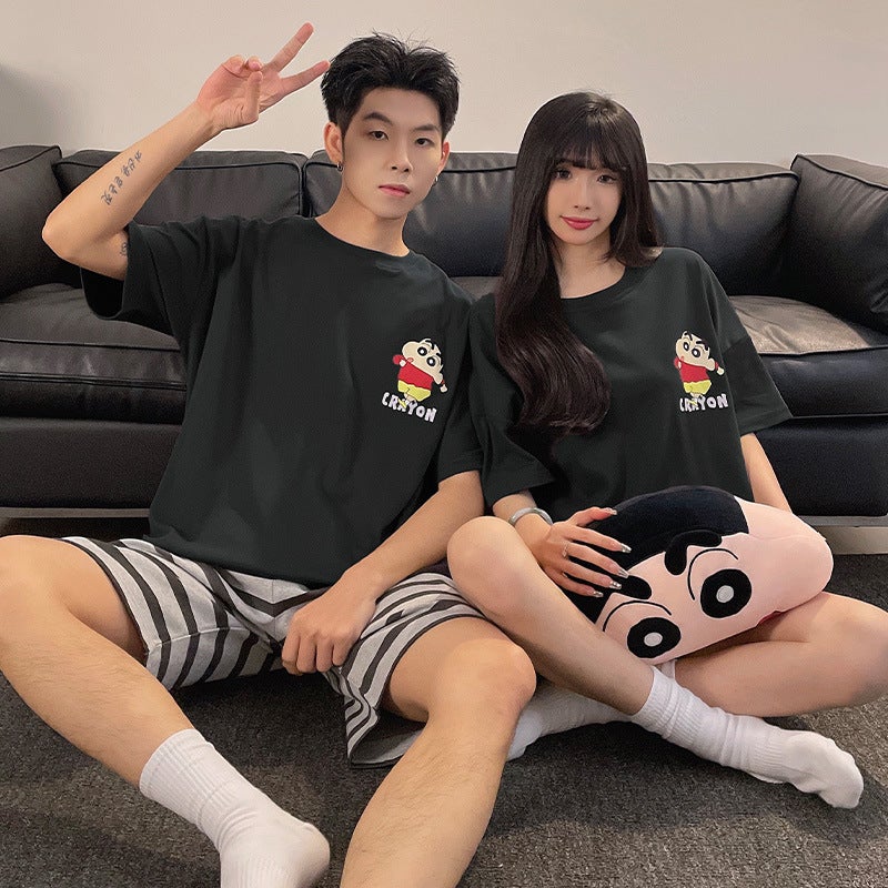 Summer Couple Pajamas Cotton Short-Sleeved Shorts Thin Cartoon Cute One Male And One Female Outwear Loose Home Clothes - Image 4
