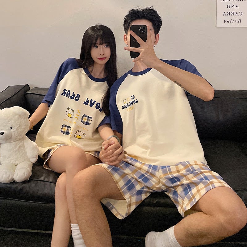 Summer Couple Pajamas Cotton Short-Sleeved Shorts Thin Cartoon Cute One Male And One Female Outwear Loose Home Clothes - Image 2