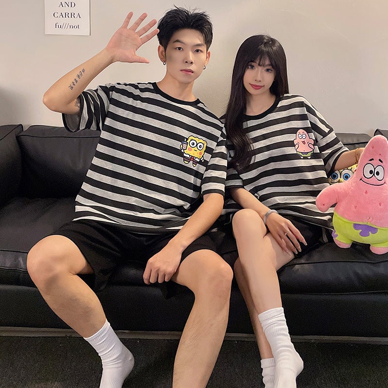 Summer Couple Pajamas Cotton Short-Sleeved Shorts Thin Cartoon Cute One Male And One Female Outwear Loose Home Clothes - Image 1