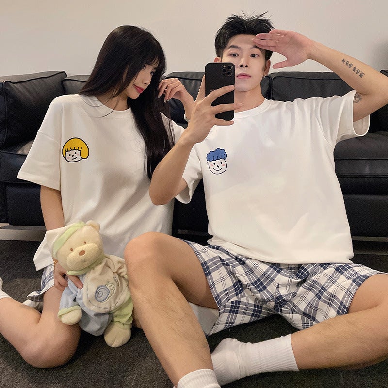 Summer Couple Pajamas Cotton Short-Sleeved Shorts Thin Cartoon Cute One Male And One Female Outwear Loose Home Clothes - Image 3