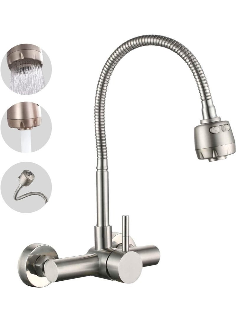 Arabest Kitchen Sink Faucet, Wall Mount Sink Faucet, Single Lever Handle Faucet, Brushed Nickel Water Tap Sink Faucet with 360 Rotable Pull Down Sprayer, Kitchen Sink Mixer Water Tap - Image 5