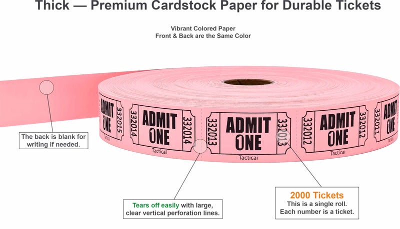 Tacticai 2000 Raffle Tickets, Admit One, Single Roll, Ticket for Events, Entry, Class Reward, Fundraiser & Prizes - Pink (1 of 8 Colors) - Image 2
