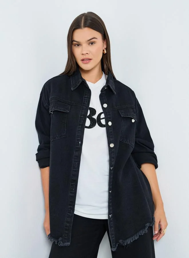 Styli Women Black Plain Oversized Denim Shirt with Pockets