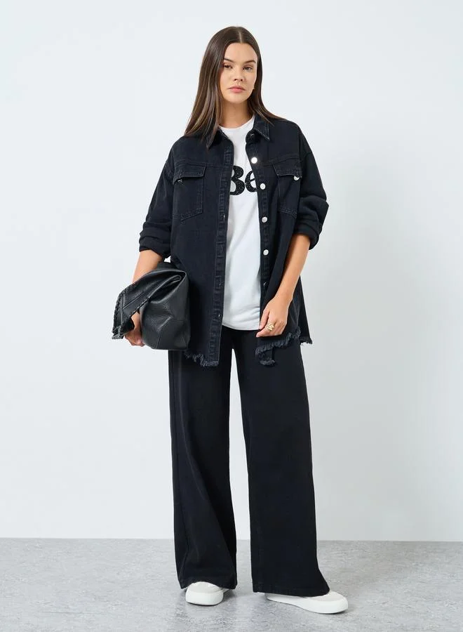 Styli Women Black Plain Oversized Denim Shirt with Pockets