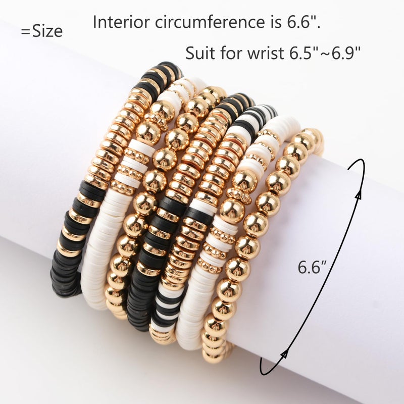 GOOJIDS Black Surfer Heishi Clay Bead Bracelets for Women Bohemian Stackable Gold Plated Beaded Stretch Bracelets Elastic Layering Friendship Bracelets Set Jewelry Gift - Image 2