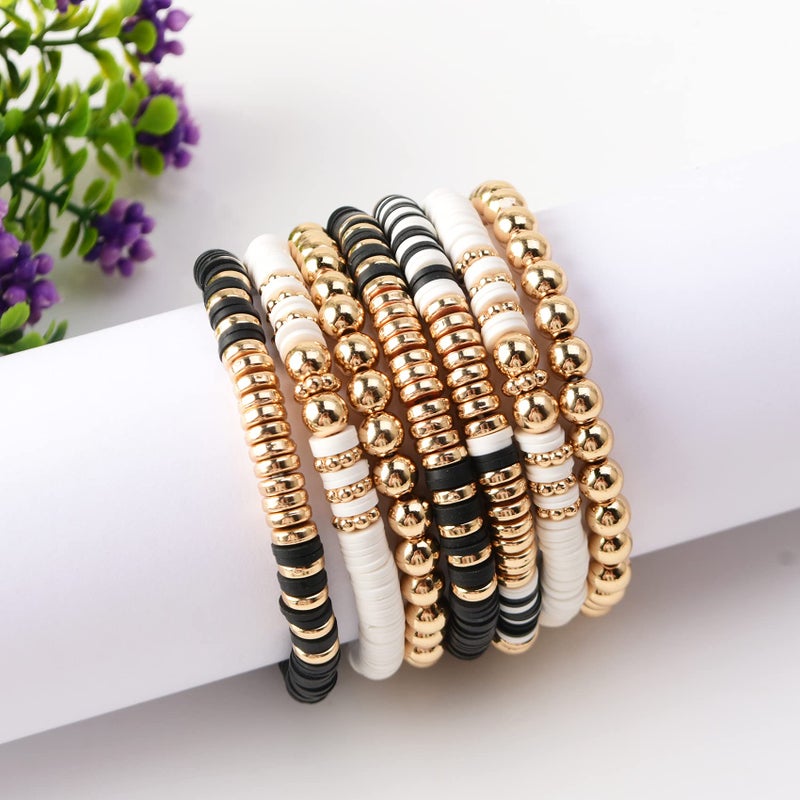 GOOJIDS Black Surfer Heishi Clay Bead Bracelets for Women Bohemian Stackable Gold Plated Beaded Stretch Bracelets Elastic Layering Friendship Bracelets Set Jewelry Gift - Image 3