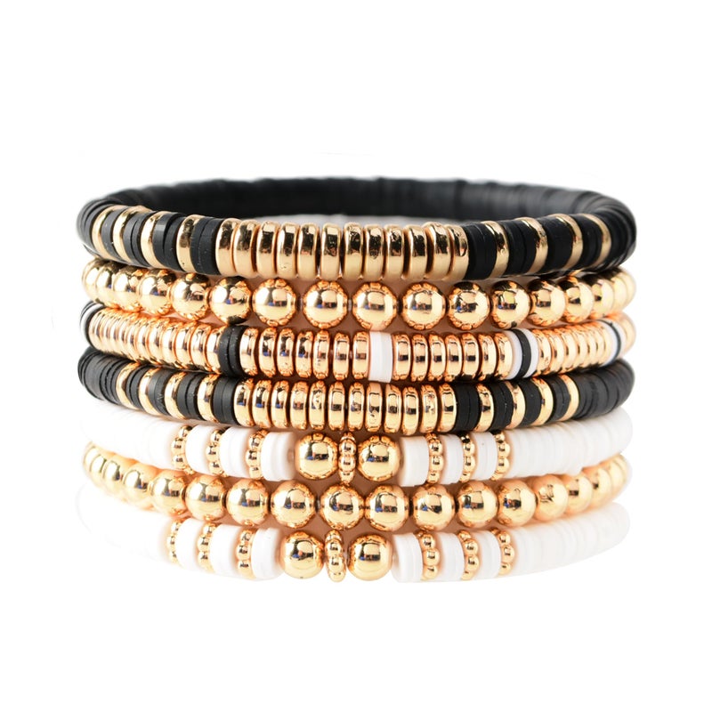GOOJIDS Black Surfer Heishi Clay Bead Bracelets for Women Bohemian Stackable Gold Plated Beaded Stretch Bracelets Elastic Layering Friendship Bracelets Set Jewelry Gift - Image 1
