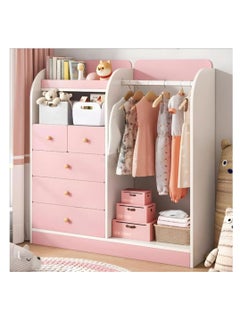 Generic Bedroom Wardrobe Bedroom Closet Wooden Storage Cabinet with Clothes Hanging Rod Kids Wardrobe Closet with 5 Drawers & Open Shelves for Nursery Room Storage Cupboard with Garment Rack Organizer (YN011-Pink)  - Image 1
