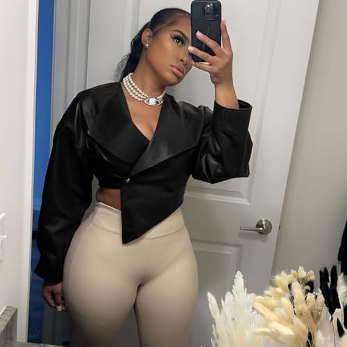 Molilove Crop Leather Jacket Women Faux Leather Long Sleeve Lapel Neck Button Down PU Coats Fall Going Out Jackets - Image 4