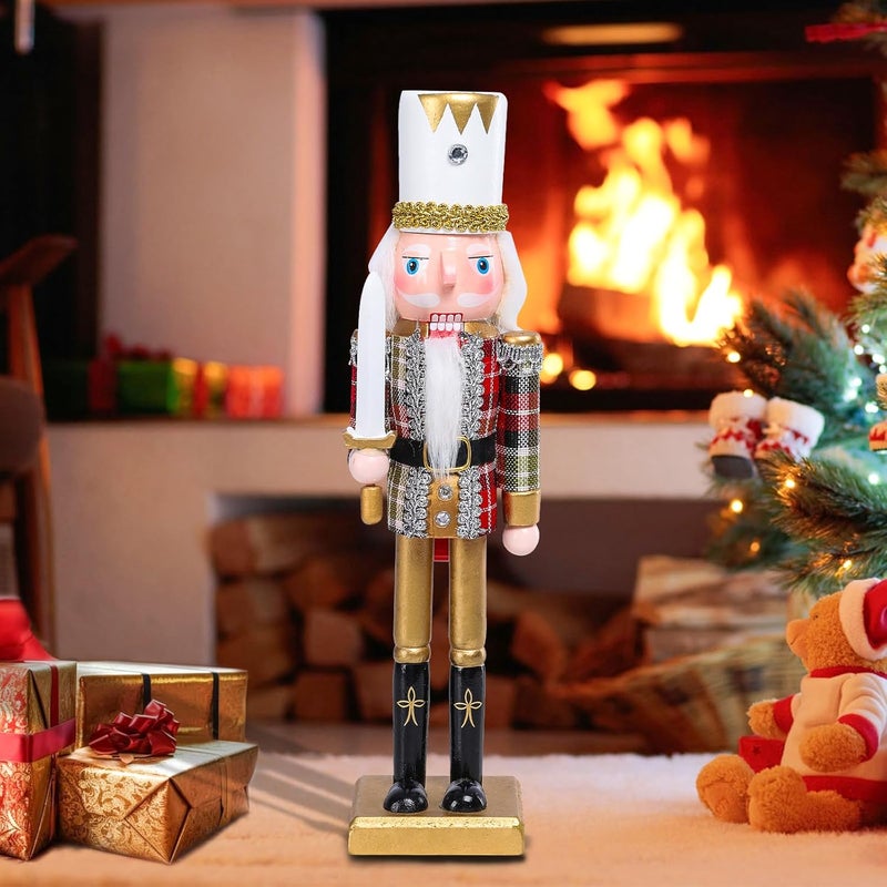 CHONSUN Christmas Nutcracker Decorations Nutcracker Figure 12 Inch Wooden Nutcrackers Collectible Ornament Nutcracker Soldier for Table Desktop Home Christmas Decor Xmas Indoor Decor Plaid Pattern - Image 4