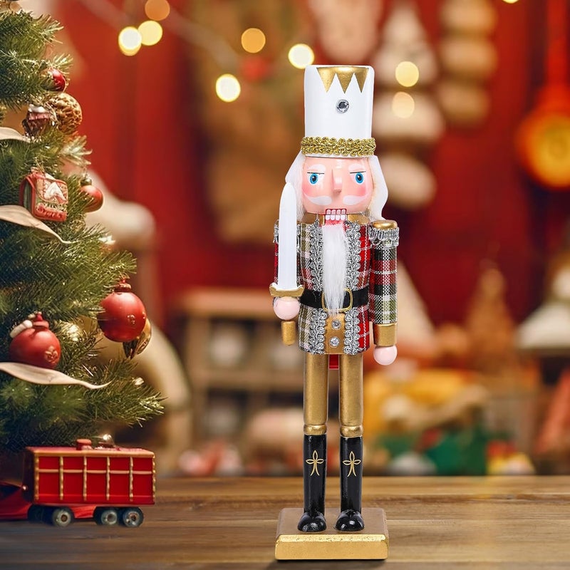 CHONSUN Christmas Nutcracker Decorations Nutcracker Figure 12 Inch Wooden Nutcrackers Collectible Ornament Nutcracker Soldier for Table Desktop Home Christmas Decor Xmas Indoor Decor Plaid Pattern - Image 1