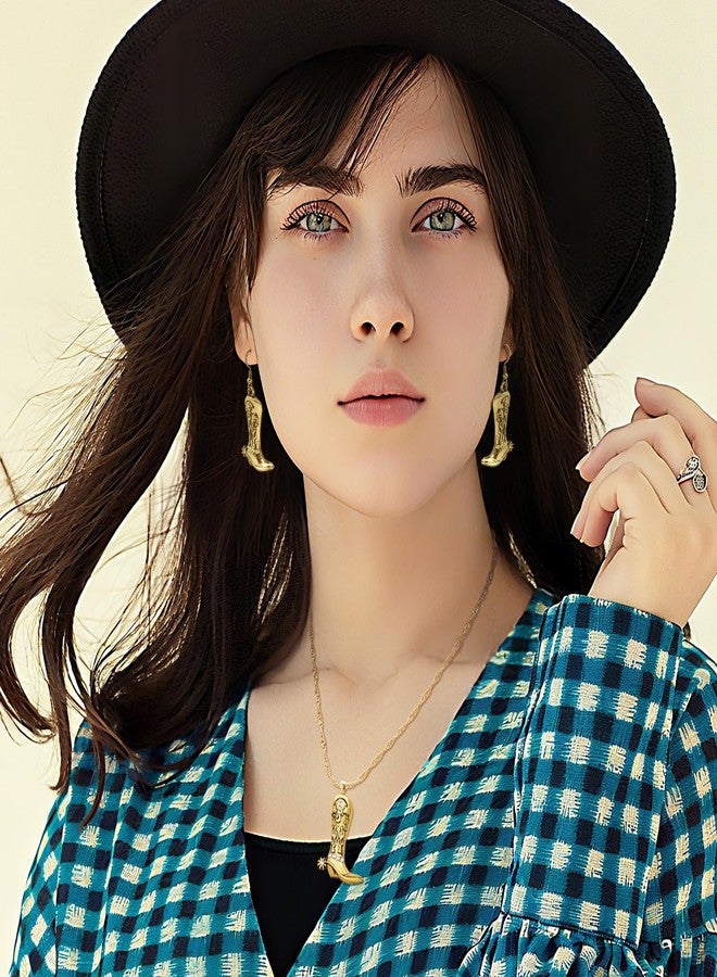 RechicGu Western West Cowgirl Cowboy Texas Boots Earrings Necklace Set, Spur Rodeo Drop Dangle Boots Earrings,Twist Link Chain Necklace with Boot Pendant,Jewelry Set, Metal, No Gemstone - Image 2